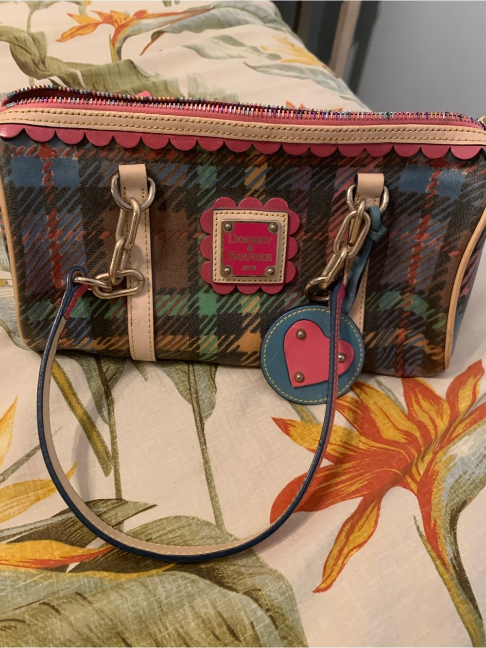 Dooney & Bourke Multicolor Plaid Satchel with Pink Trim and Blue Heart Charm